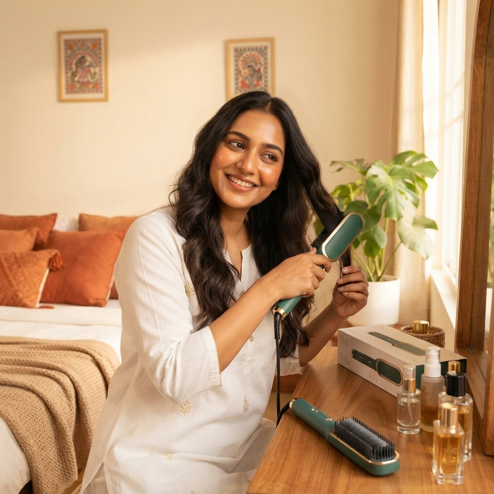 South Asian woman using a ceramic hair straightening brush in a sunlit room with terracotta decor.